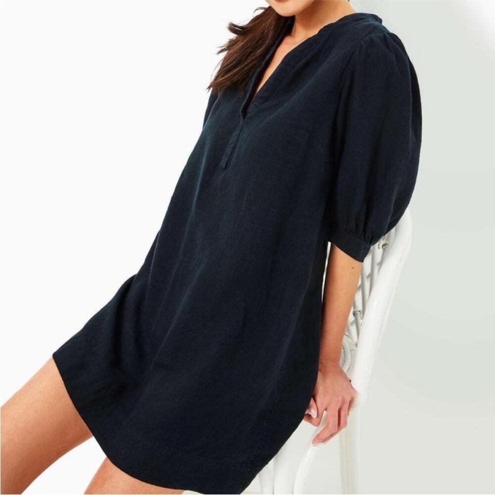 Lilly Pulitzer | Mialeigh Linen Mini Dress Elbow Puff Sleeves Relaxed Black SZ 0 - Picture 3 of 9